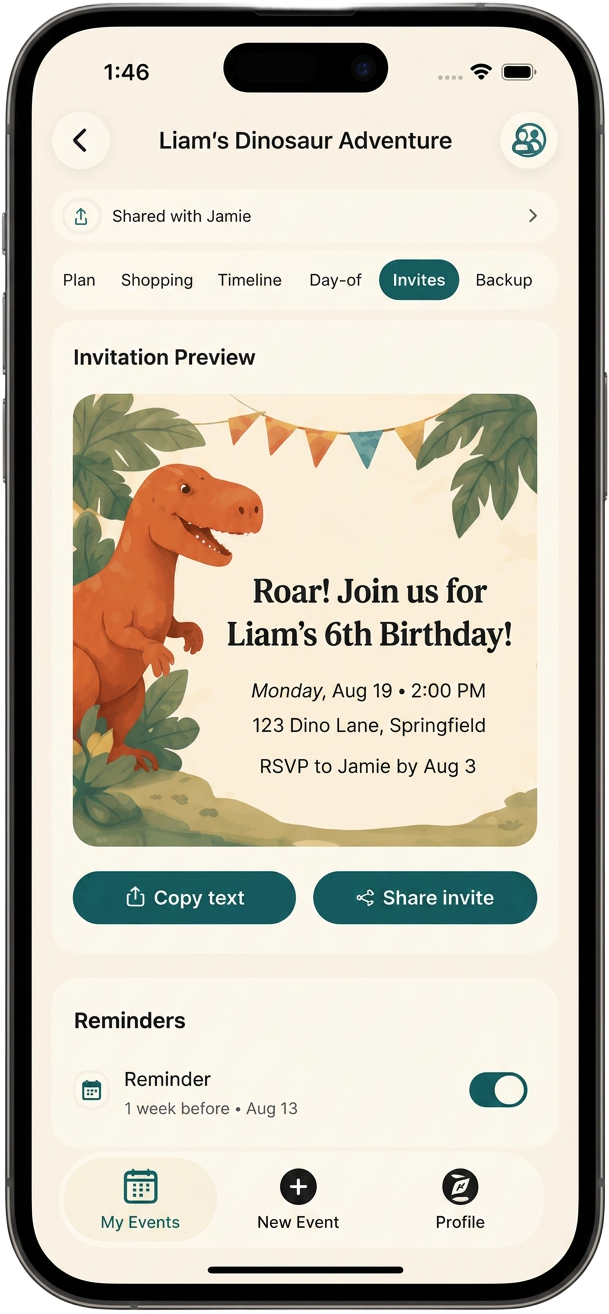 Yaylio app showing a dinosaur birthday invitation ready to send